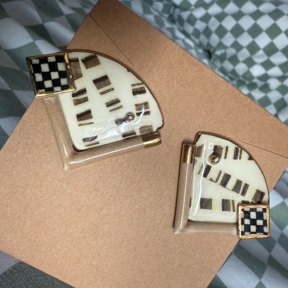 Vintage Designer Ceramic Earrings with Gold Accents